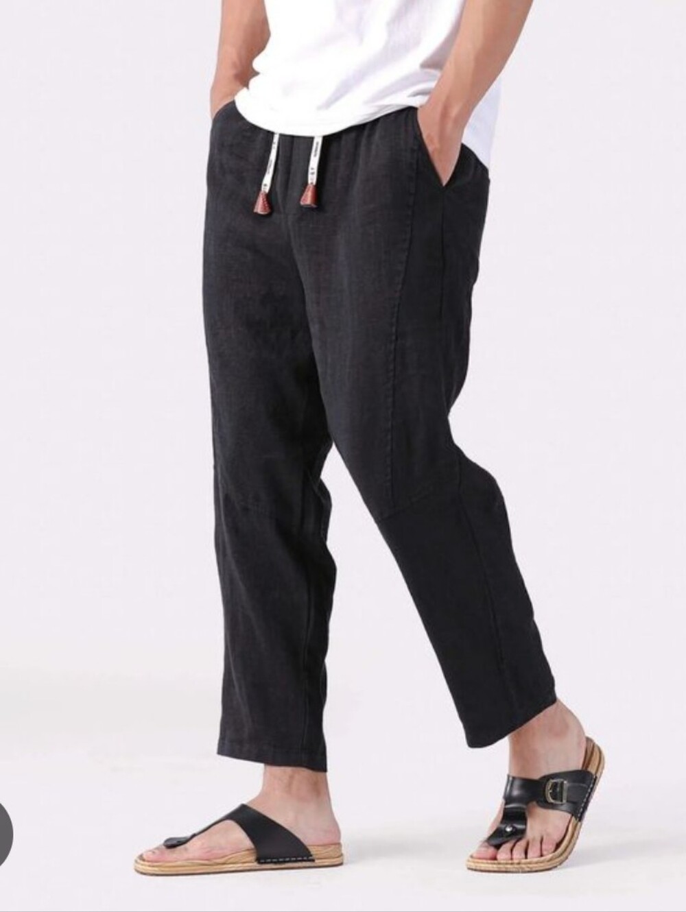 Kidoriman Black 100% Linen Drawstring Pants Men SzL Baggy With Pockets Resort